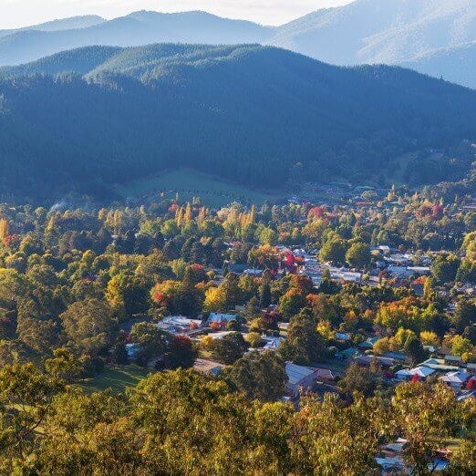 A stunning view over the High Country that shows mountains, a small town surrounded by trees.
