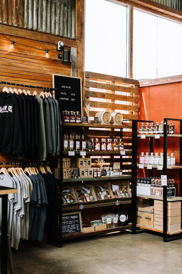 A retail display at Backwoods Distillery Door in Yackandandah