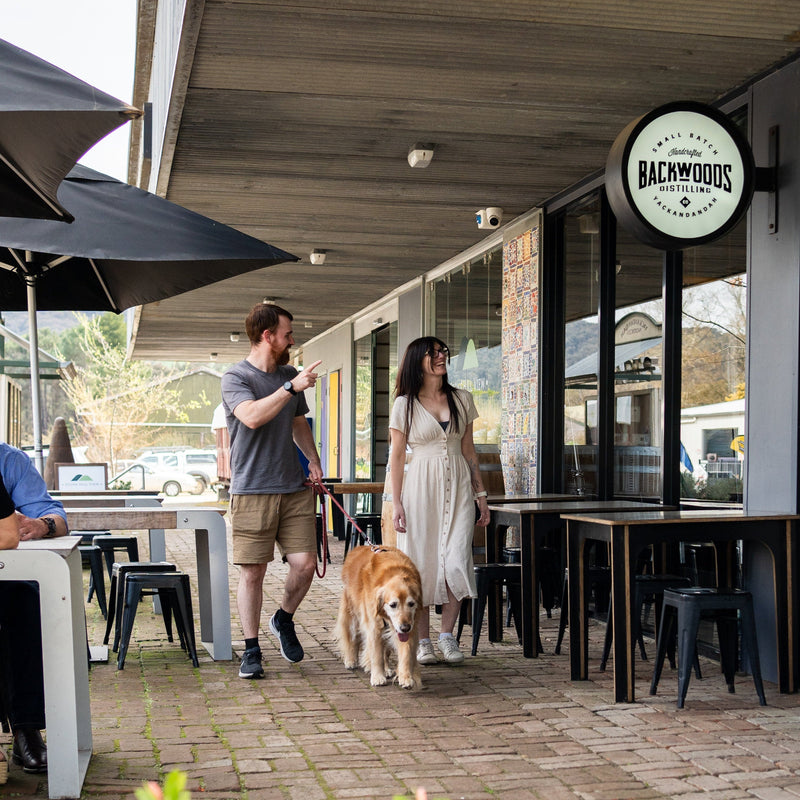People enjoying outdoor seating at the distillery. A couple walking to the entrance with their dog on a leash.