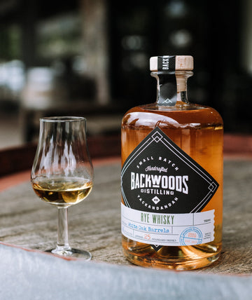 Backwoods Distilling rye whisky bottle with a glass of whisky on a wooden surface.